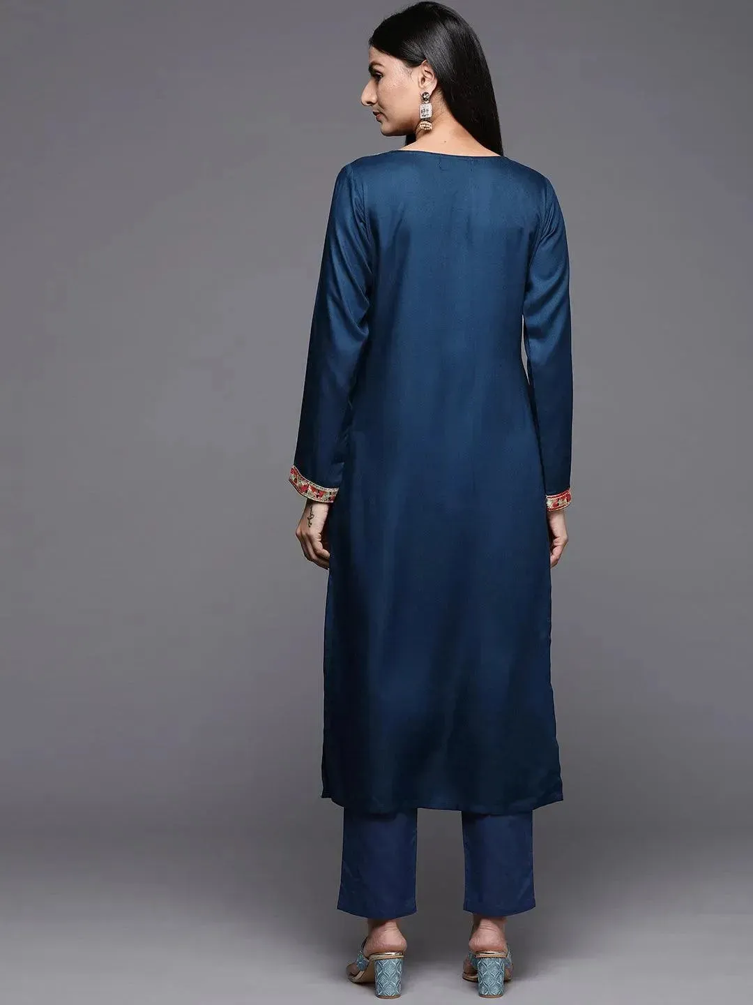 Teal Embroidered Pashmina Wool Straight Kurta