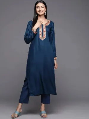 Teal Embroidered Pashmina Wool Straight Kurta