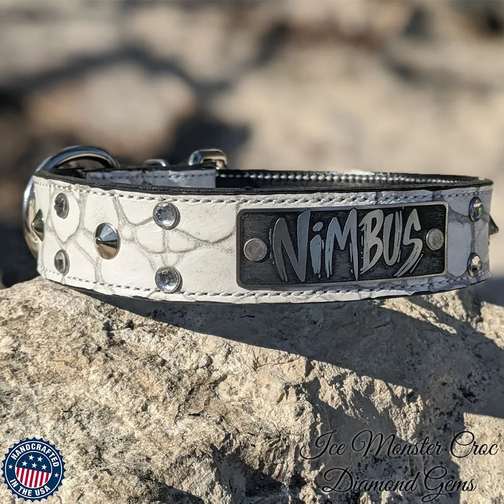 V36 - 1.5" leather Dog Collar with Name Plate Studs & Gems