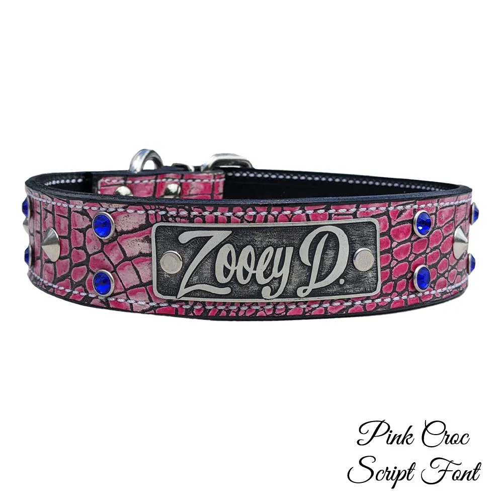 V36 - 1.5" leather Dog Collar with Name Plate Studs & Gems