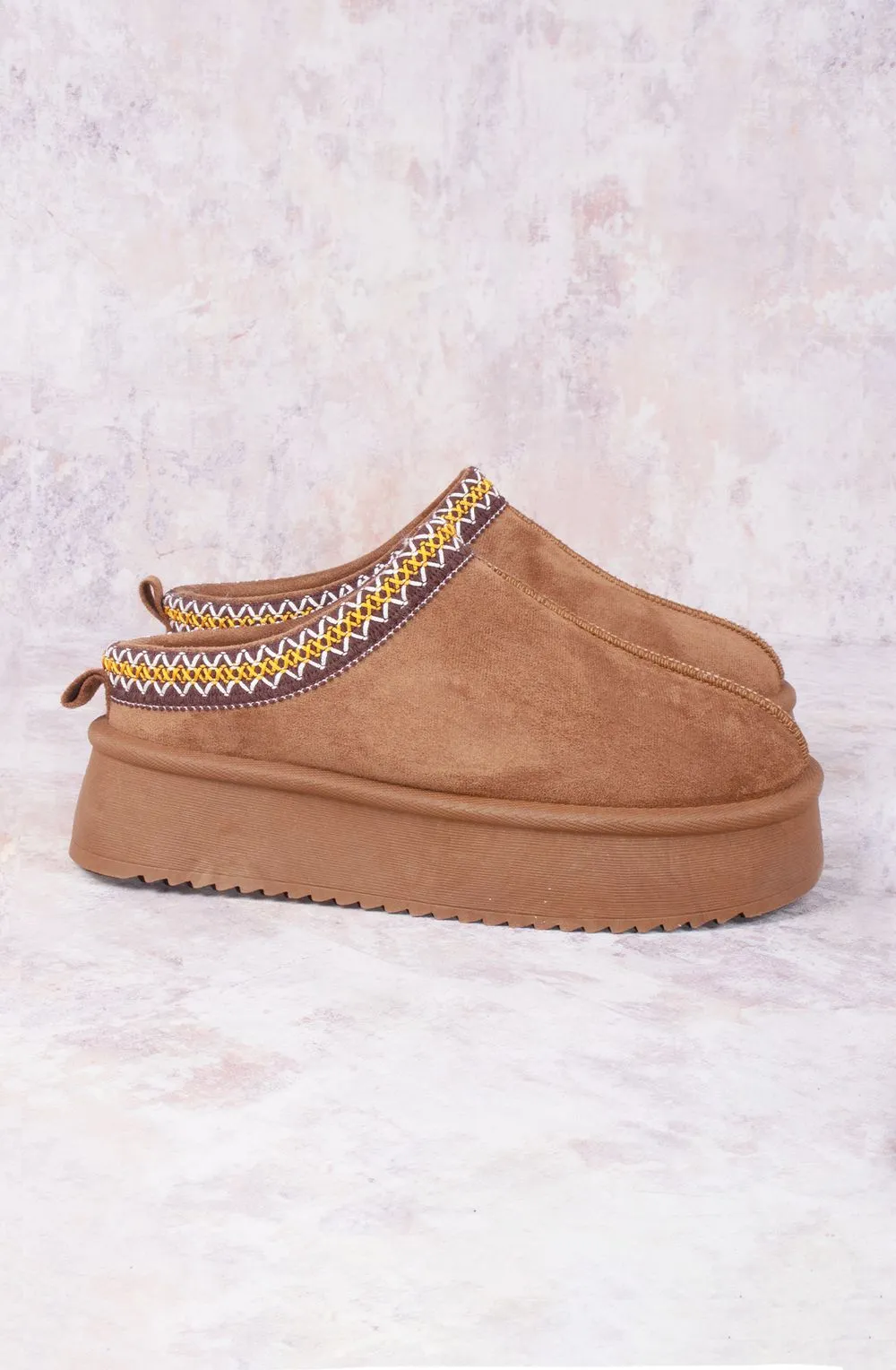 Vanilla Suede Embroidered Chunky Platform Slippers Shoes - Camel Chestnut