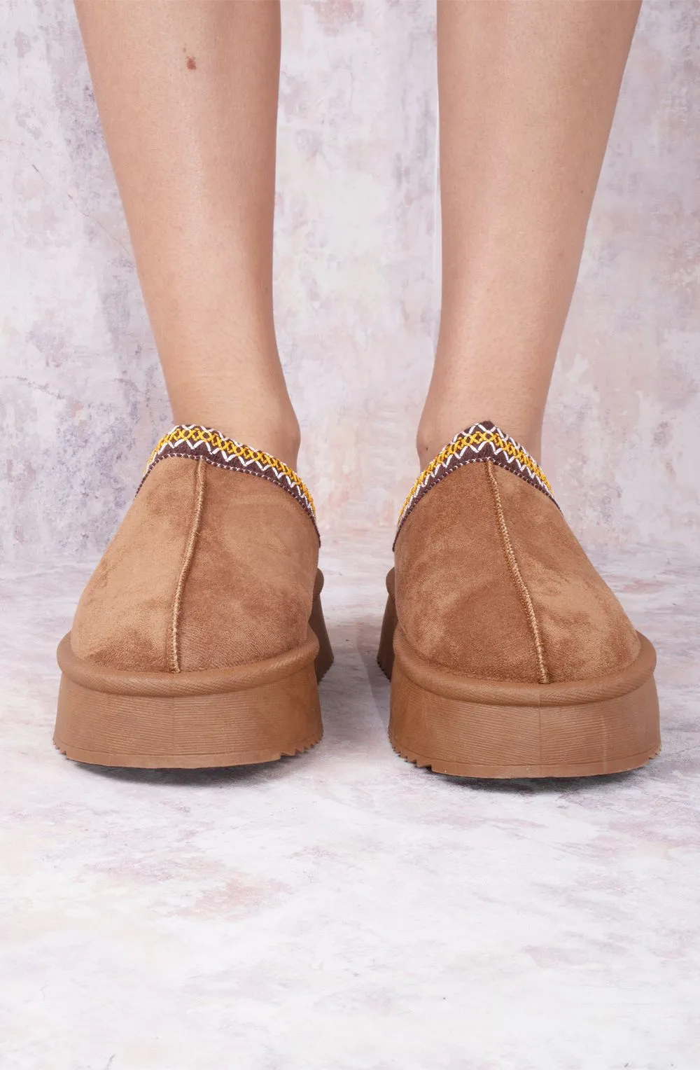 Vanilla Suede Embroidered Chunky Platform Slippers Shoes - Camel Chestnut