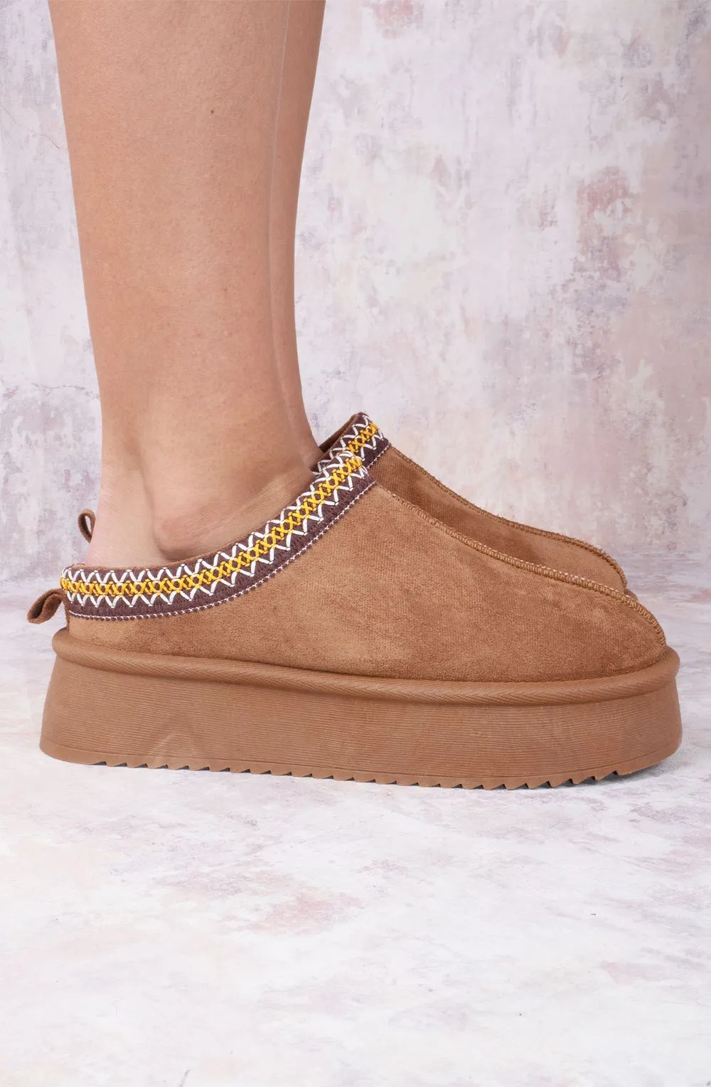 Vanilla Suede Embroidered Chunky Platform Slippers Shoes - Camel Chestnut