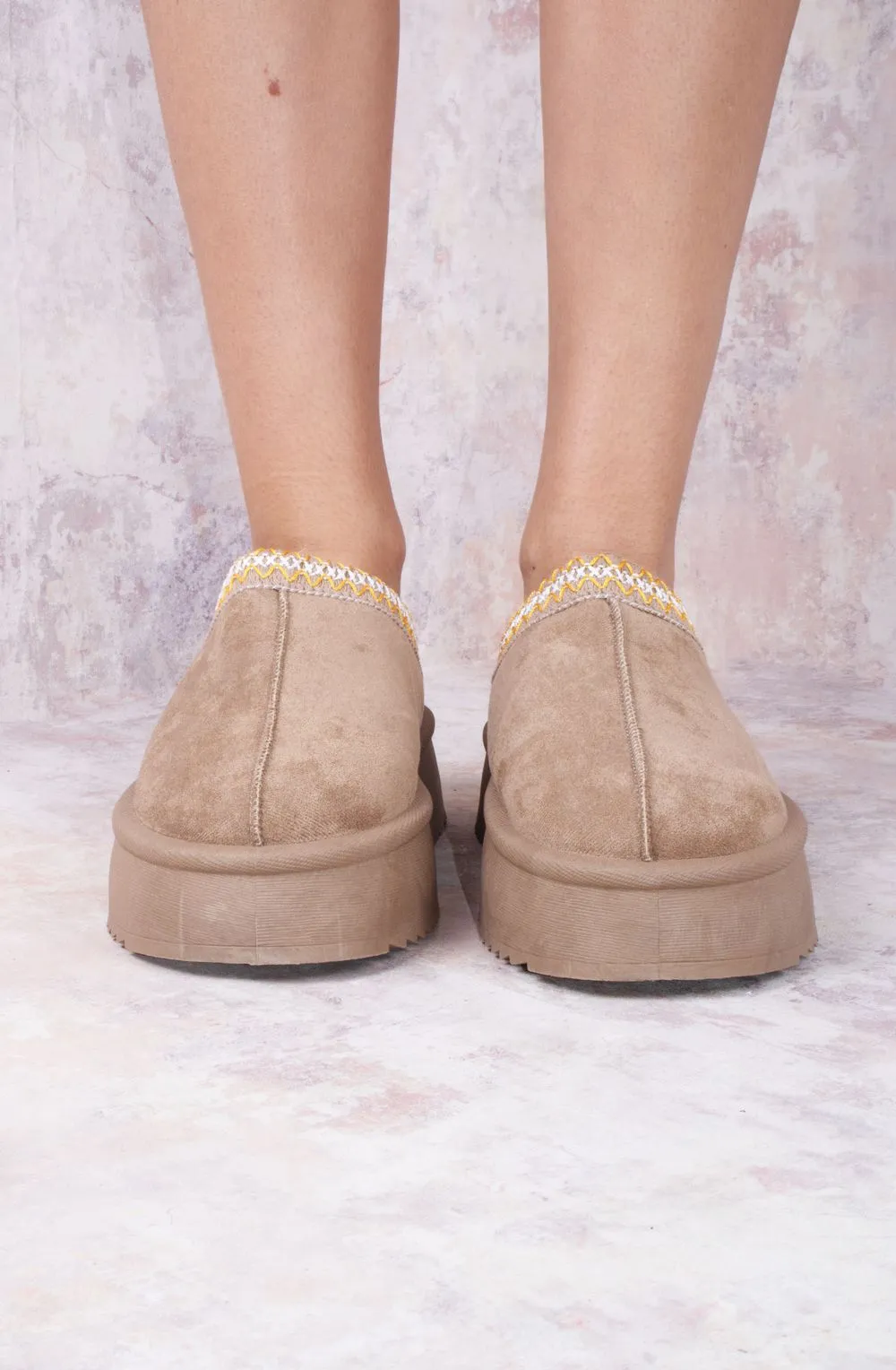 Vanilla Suede Embroidered Chunky Platform Slippers Shoes - Taupe