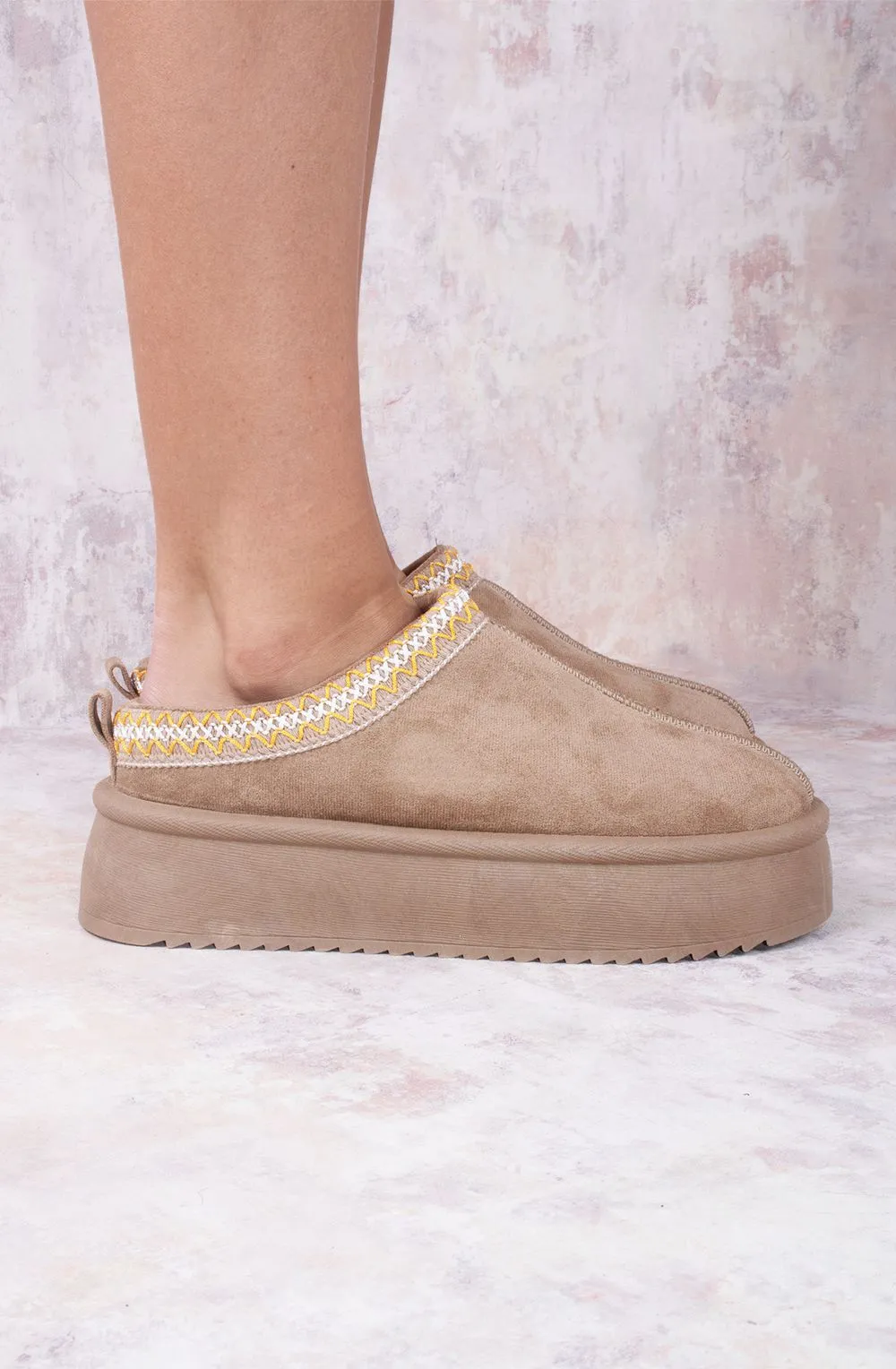 Vanilla Suede Embroidered Chunky Platform Slippers Shoes - Taupe