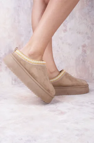 Vanilla Suede Embroidered Chunky Platform Slippers Shoes - Taupe