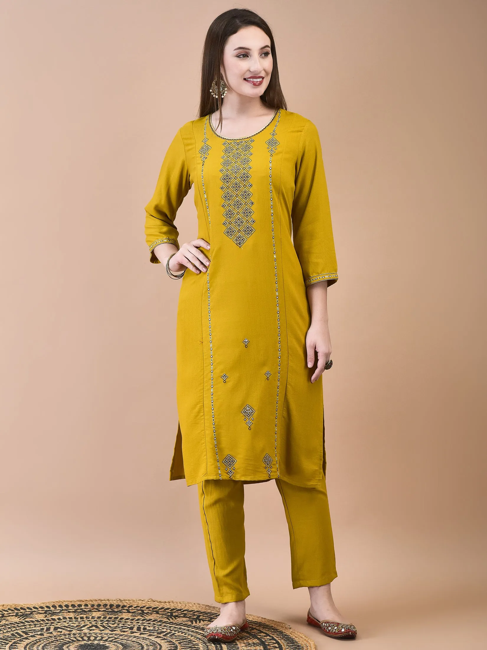 Women Poly Viscose Mustard Embroidered Kurta Trouser Chanderi Dupatta