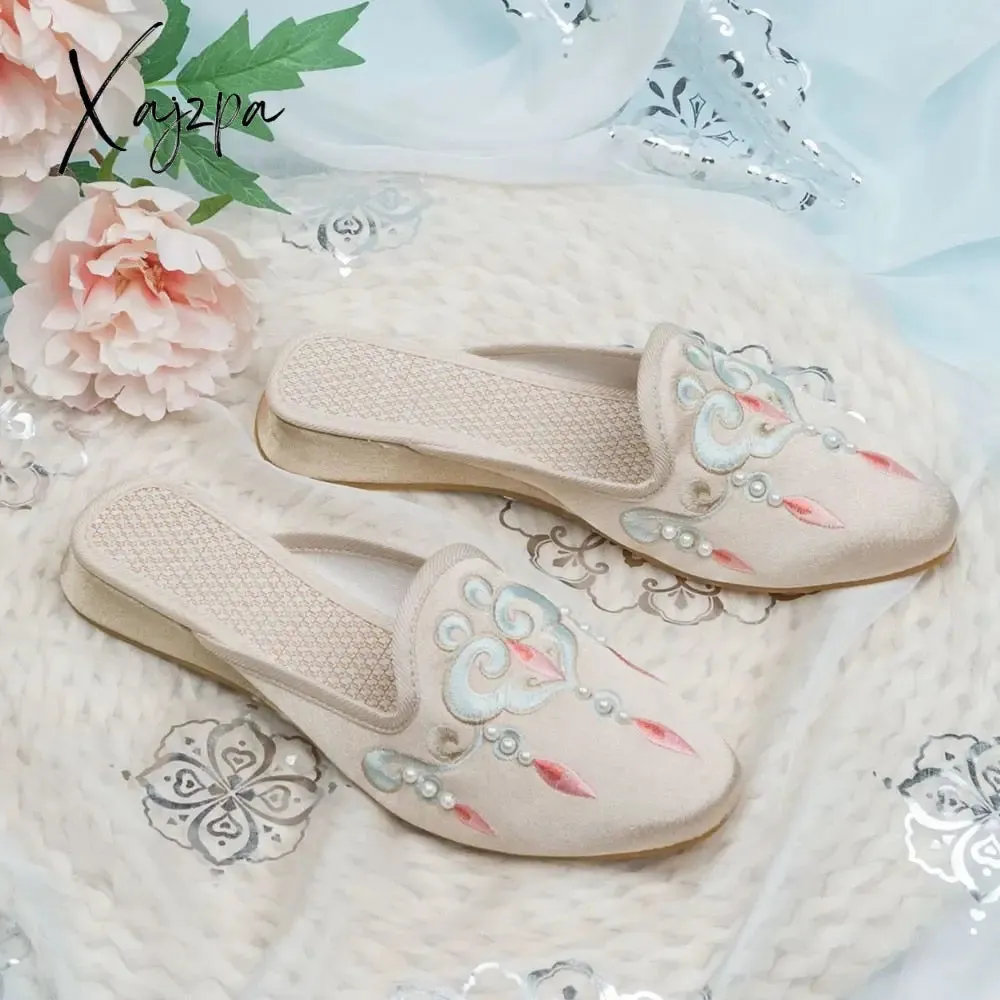 Xajzpa - Pearls Embroidered Women Flock Cotton Pointy Toe Flat Mules Retro Comfortable Slippers for Ladies Red Pink Green White