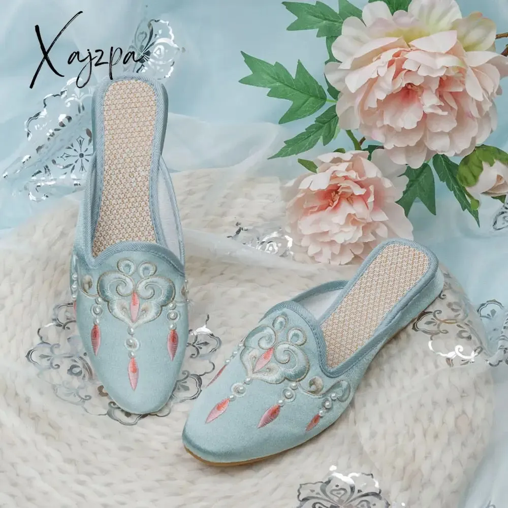 Xajzpa - Pearls Embroidered Women Flock Cotton Pointy Toe Flat Mules Retro Comfortable Slippers for Ladies Red Pink Green White