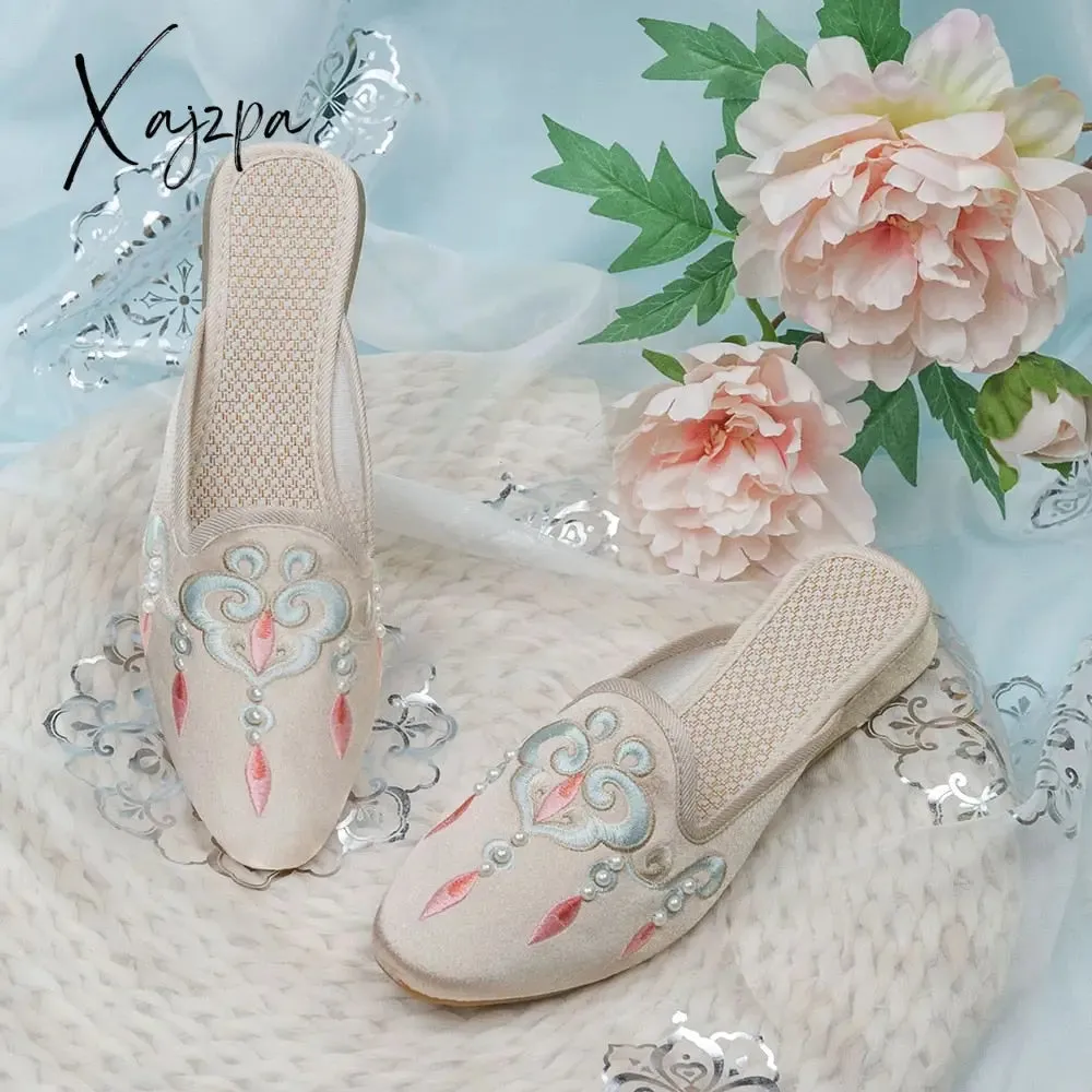 Xajzpa - Pearls Embroidered Women Flock Cotton Pointy Toe Flat Mules Retro Comfortable Slippers for Ladies Red Pink Green White