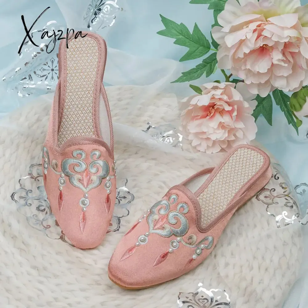 Xajzpa - Pearls Embroidered Women Flock Cotton Pointy Toe Flat Mules Retro Comfortable Slippers for Ladies Red Pink Green White